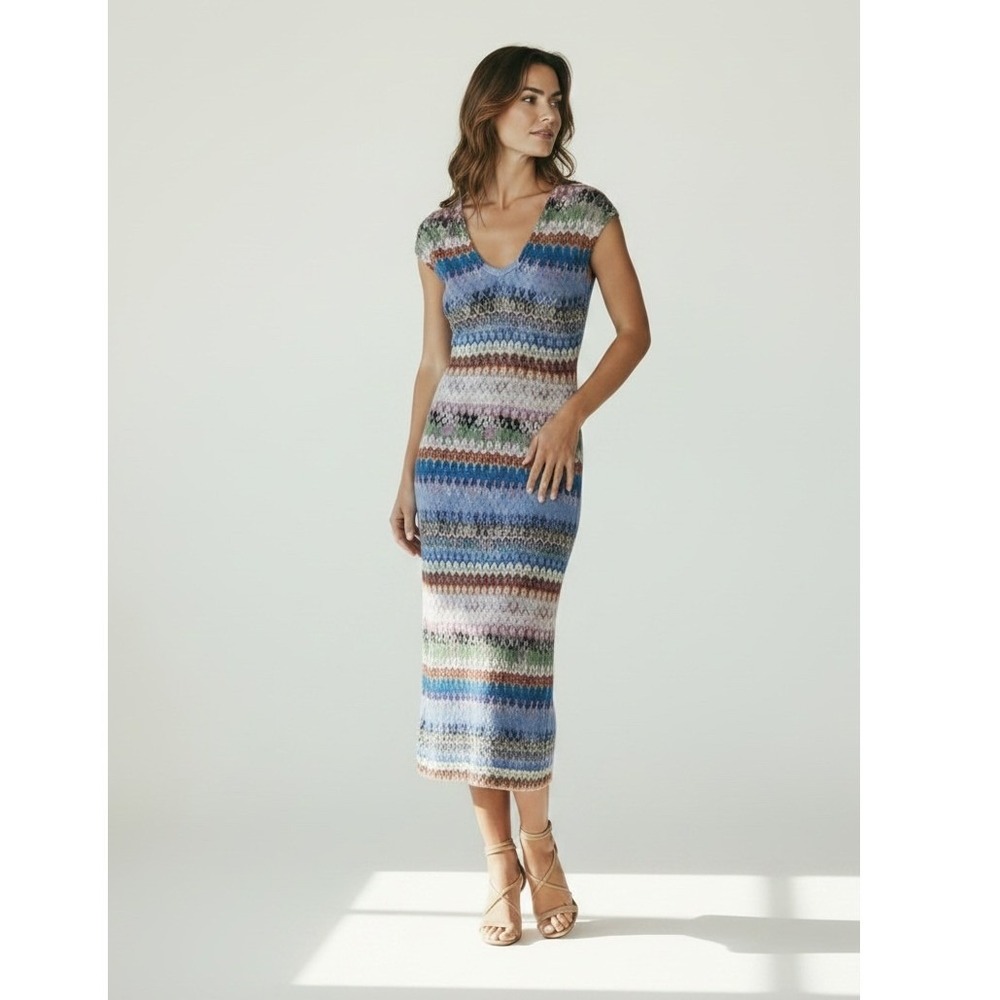 M Missoni Multicolor Zigzag Knit Midi Dress 100% Viscose Cap Sleeve Size S